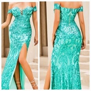 Green Party Random Print Sequin Gown